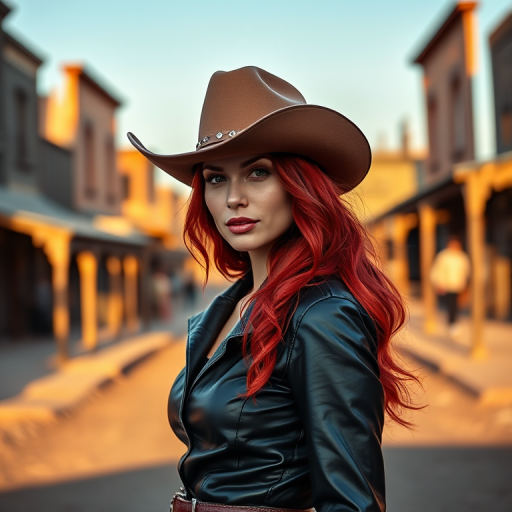 Create an image of a woman with vibrant red hair in a black leather outfit and a cowboy hat standing in an Old West town, using a Canon EOS R5 with a 50mm f/1.2 lens, at f/2.8, ISO 100, golden hour lighting, focus on the subject with a softly blurred background.