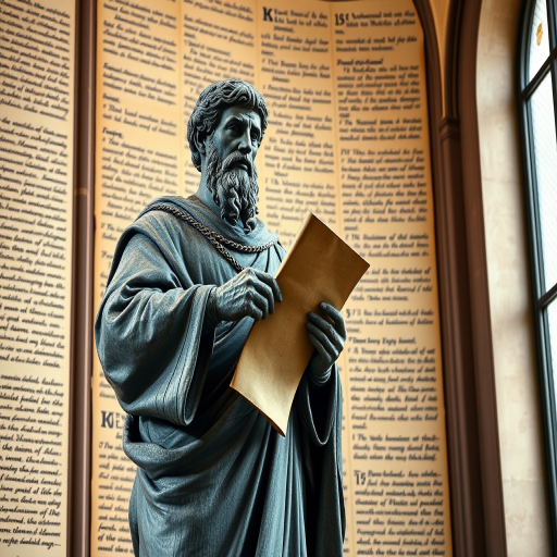 Create an image of a statue of a historical figure holding a scroll in a church setting with ancient manuscript text as the background, using a DSLR camera, 50mm lens, f/1.8 aperture, ISO 100, and natural light to enhance the depth and detail.