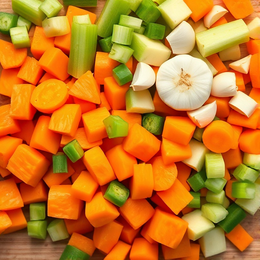 Create an overhead shot of a vibrant assortment of chopped vegetables including carrots, garlic, and celery, using a DSLR camera with a 50mm lens at f/1.8, ISO 100, and a shutter speed of 1/200 sec for enhanced clarity and color saturation.