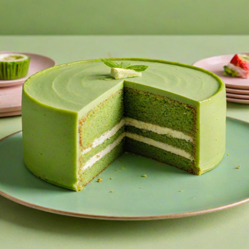 Create an image of a round matcha cake with a smooth green surface, featuring a slice cut out to reveal layers of light green and white. The cake should be presented on a simple green plate, with a pastel pink background to highlight its colors.