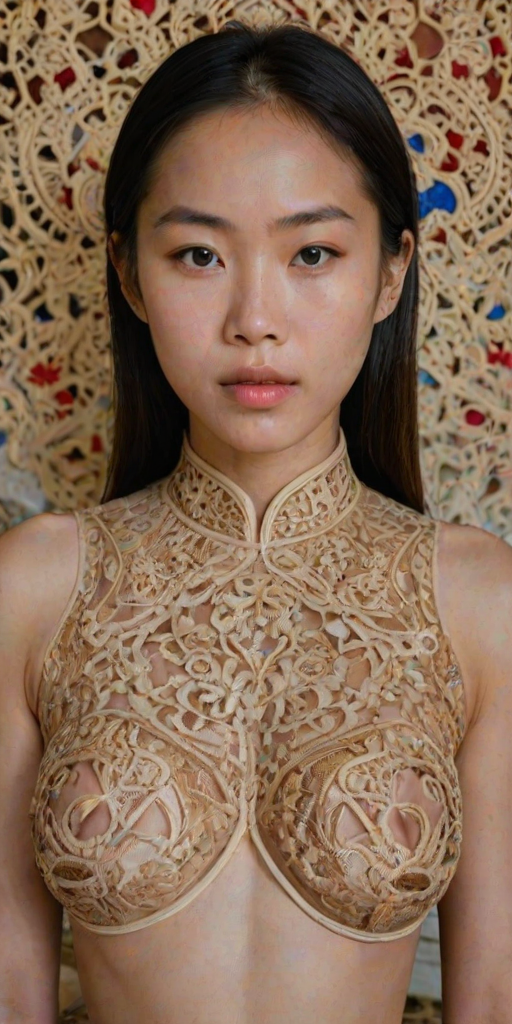 Face, shoulders, chest covered in openwork Vietnamese embroidery. Raw, unedited image.
