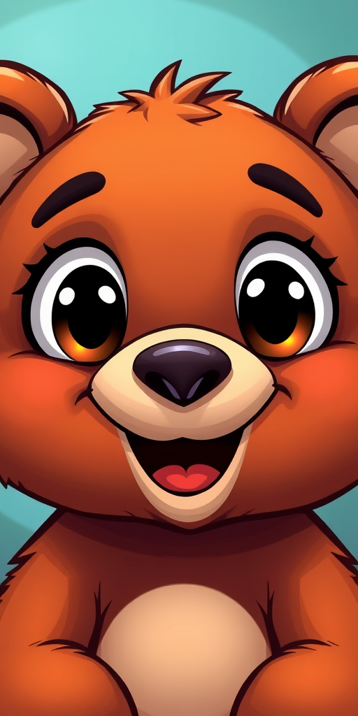 Create a cute cartoon bear character with large expressive eyes and a friendly smile, using a digital art style; camera settings: f/2.8, ISO 100, shutter speed 1/60s; camera view: close-up, vibrant colors; camera type: digital illustration.