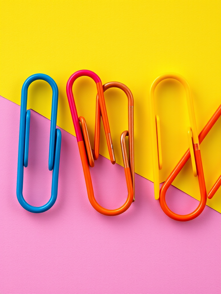 Create a high-resolution image of five colorful paper clips arranged in a line, captured with a Canon EOS R5 at f/2.8, ISO 100, and a macro lens from a top-down view to enhance detail and vibrancy.