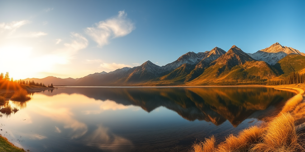 Capture a serene landscape at sunset with a focus on a tranquil lake reflecting the mountains and sky, using a Canon EOS R, with a 24mm lens, aperture set to f/8, shutter speed 1/60 sec, ISO 100, in a panoramic view for enhanced detail and clarity.