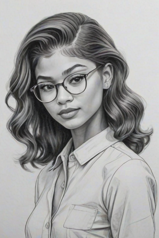 Graceful Zendaya, pencil sketch, portrait of Graceful woman 1947s in glasses, hair style beatnik, outline, clear lines, fine lines, 8k