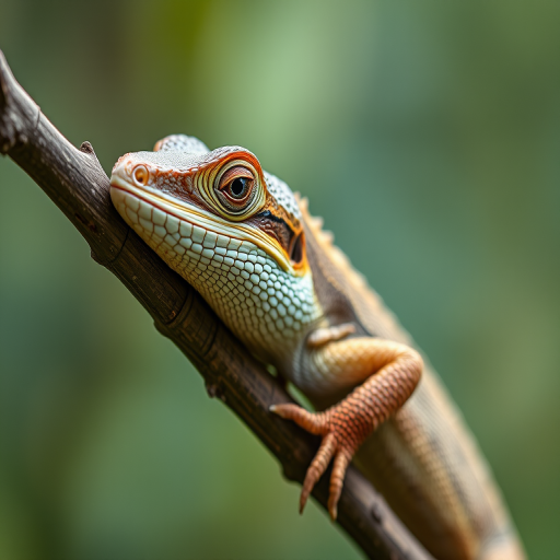 A detailed close-up of a lizard resting on a branch, captured using a Canon EOS 5D Mark IV, 85mm lens, aperture f/2.8, ISO 200, natural lighting, shallow depth of field for soft background blur, focusing on the texture and colors of the lizard's skin.