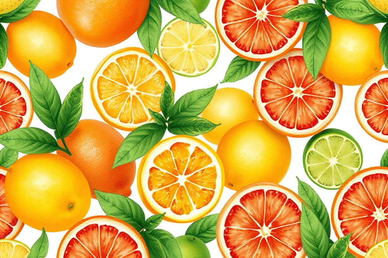 create a vibrant watercolor illustration of citrus fruits including oranges, lemons, limes, and grapefruits with lush green leaves in a seamless pattern, shot with a Canon EOS R5, 50mm lens, f/2.8 aperture, ISO 100, natural light, high-resolution, focus on color saturation and detail.