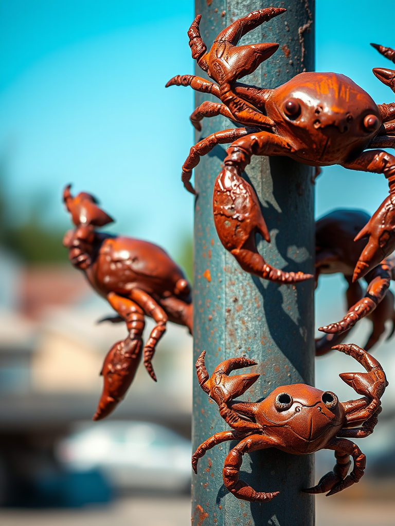 Capture a close-up of rusty metal sculptures resembling crabs on a vertical pole, with a shallow depth of field to blur the background, using a DSLR camera at f/2.8, ISO 100, 1/200s, natural lighting.