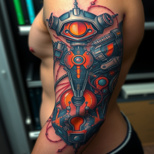 Biomechanical tattoo called "Cyber Genesis" showcasing hyper-realistic mechanical components merging with organic tissue creating the illusion of exposed robotic inner workings beneath the skin