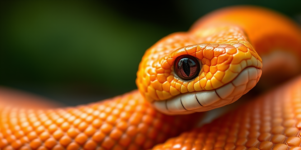 Close-up of a textured orange snake with intricate scales, shallow depth of field, soft natural light, 100mm macro lens, f/2.8, ISO 100, 1/200 sec, DSLR camera, focus on the eye for enhanced detail.