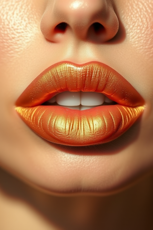 Shimmering nude lips with golden undertones, reflecting light and creating a luxurious glow, enhancing natural beauty with understated elegance