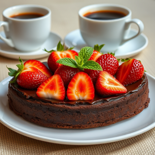 Chocolate cake topped with fresh strawberries and mint leaves served on a white plate with a cup of coffee in the background on a textured tablecloth.
