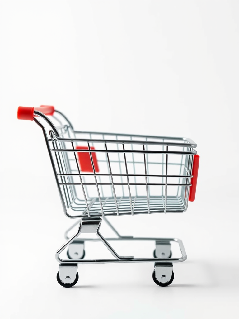 generate a high-quality minimalist illustration of a shopping cart icon with a modern design, using a Canon EOS R5, aperture f/4, shutter speed 1/100s, ISO 100, focused on a clean white background with soft lighting to enhance the cart's contours and shadows.