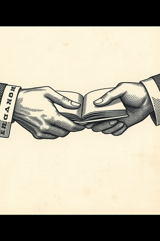 Regenerate an illustration of a detailed vintage engraving showing two hands exchanging a book, using a high-resolution camera with a 50mm lens, f/1.8 aperture, ISO 100, from a front view with soft lighting to enhance texture and depth.