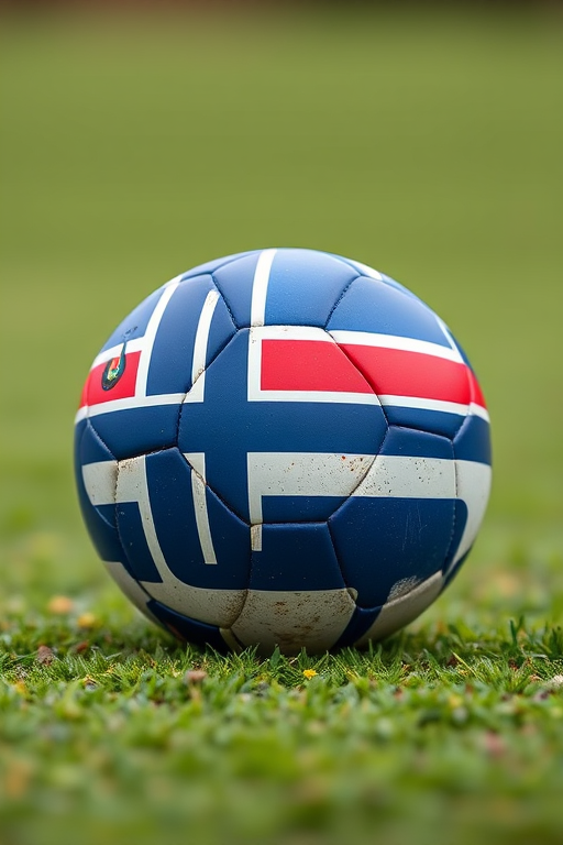 Create a high-resolution image of a soccer ball featuring the Faroe Islands flag, captured with a DSLR camera using a 50mm lens at f/2.8, 1/1000s shutter speed, ISO 100, shot from a 45-degree angle to highlight the texture and colors.