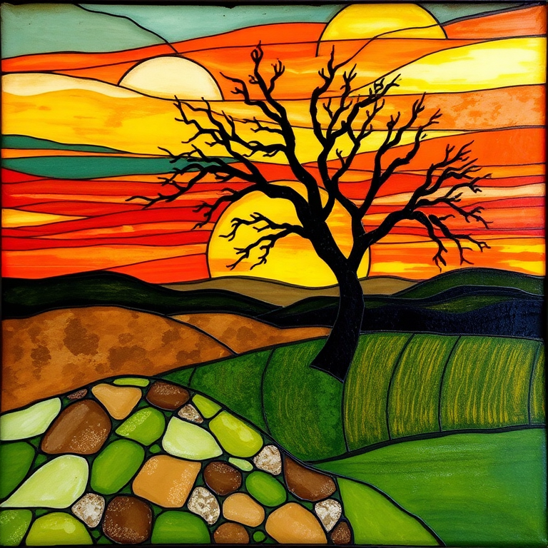 A vibrant abstract painting on Tiffany Glass, blending acrylic and alcohol ink techniques, captures a dramatic sunset over rolling hills. The artwork features a textured, rocky foreground in green and brown, layered abstract hills, and a striking sunset in rich oranges, yellows, and reds. A solitary black tree with intricate branches contrasts against the fiery sky, creating a dynamic and expressive portrayal of a breathtaking natural scene.