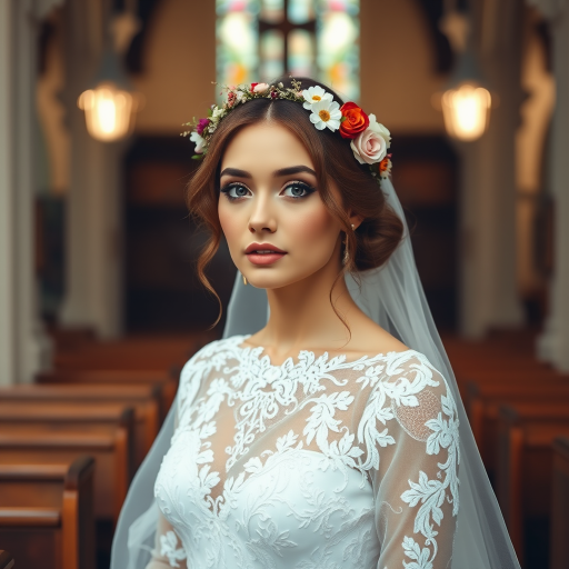 church scene, bridal model, delicate lace gown, floral headpiece, soft romantic focus, high-key lighting and an 85mm lens for soft, even tones that highlight the model’s face and bright outfit against a white or light background