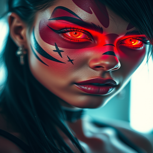 Create a close-up portrait of a female model with striking face paint and glowing red eyes, using a Canon EOS R5 with a 50mm lens, aperture set to f/1.8, shutter speed 1/125, ISO 200, soft dramatic lighting, high contrast, and a futuristic cyberpunk aesthetic.