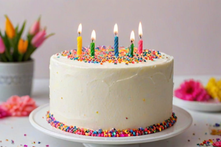 Create an image of a round cake with a smooth white frosting decorated with colorful sprinkles. The top of the cake should have a vibrant pink frosting border, and there should be four lit candles in various colors placed in the center. The cake is sitting on a white pedestal stand against a light background.
