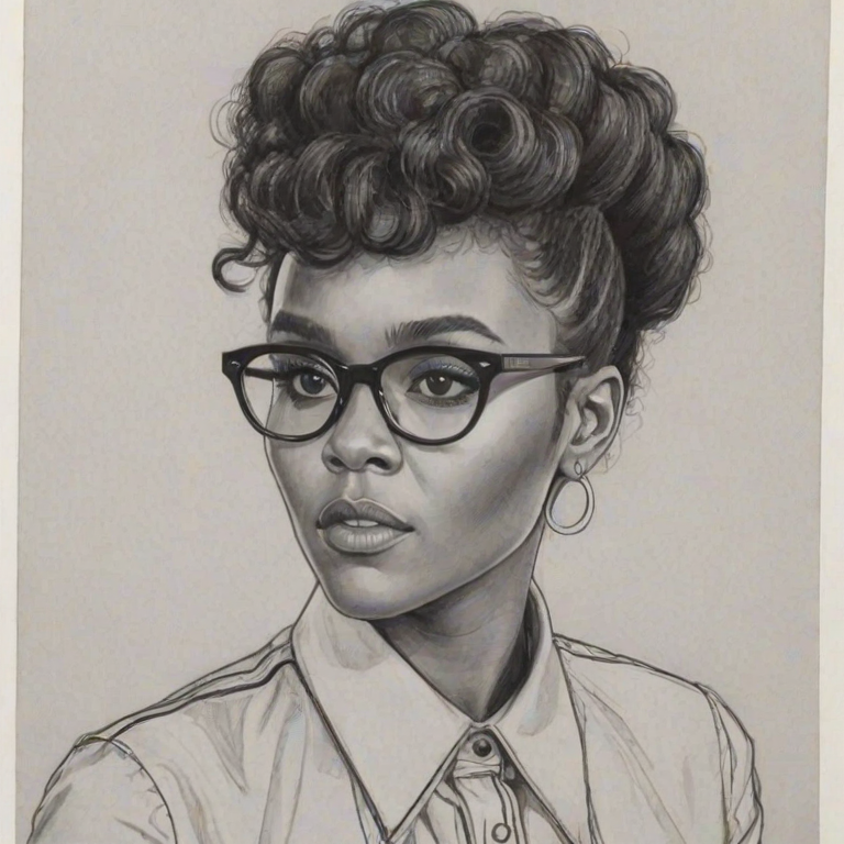 Pleasing Janelle Monae, pencil sketch, portrait of Captivating woman 1976s in glasses, hair style beatnik, outline, clear lines, fine lines, 8k