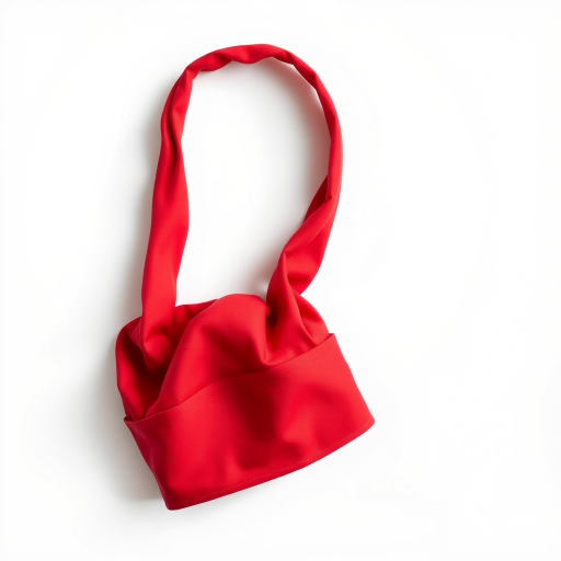 Create a high-resolution image of a red chef's hat on a white background, using a Canon EOS R5 camera with a 50mm lens, aperture set to f/2.8, ISO 100, shot in natural light from above for even illumination and soft shadows.