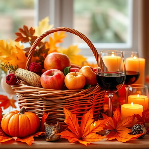 Thanksgiving celebration featuring a harvest basket filled with fruits, a glass of wine, candles, and autumn leaves, designed in a vibrant color palette, captured with a DSLR camera, 50mm lens, f/1.8 aperture, ISO 200, shot in natural light from a 30-degree angle to enhance composition and clarity.