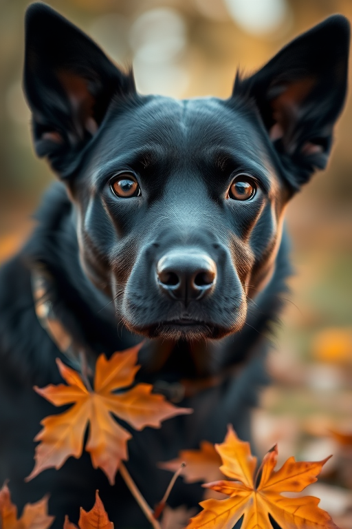 capture a close-up portrait of a black dog with soulful eyes surrounded by autumn leaves, shoot with a DSLR camera using a 50mm lens at f/1.8, ISO 200, shutter speed 1/200s, soft focus background with natural lighting