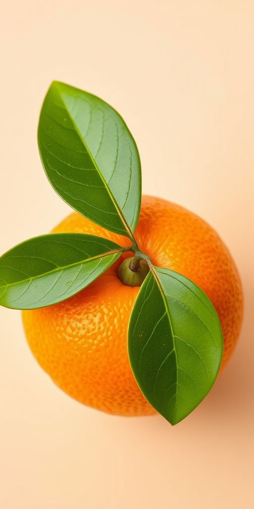 Create a high-resolution illustration of a vibrant orange with two green leaves, focusing on a flat lay perspective, using a Canon EOS R5 camera, aperture f/4, ISO 100, and a soft natural light setup.