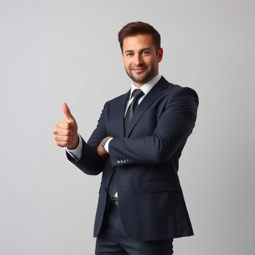 Create a high-resolution digital illustration of a confident man in a suit giving a thumbs-up, with a minimalist gray background, using a DSLR camera with a 50mm lens, aperture f/1.8, ISO 100, shot in natural light from a slightly low angle to enhance perspective and detail.