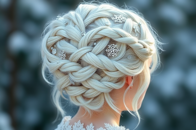 Frosty Winter Whisper presents an icy platinum blonde updo with intricate snowflake-inspired braids and delicate crystal accents woven throughout the elaborate style