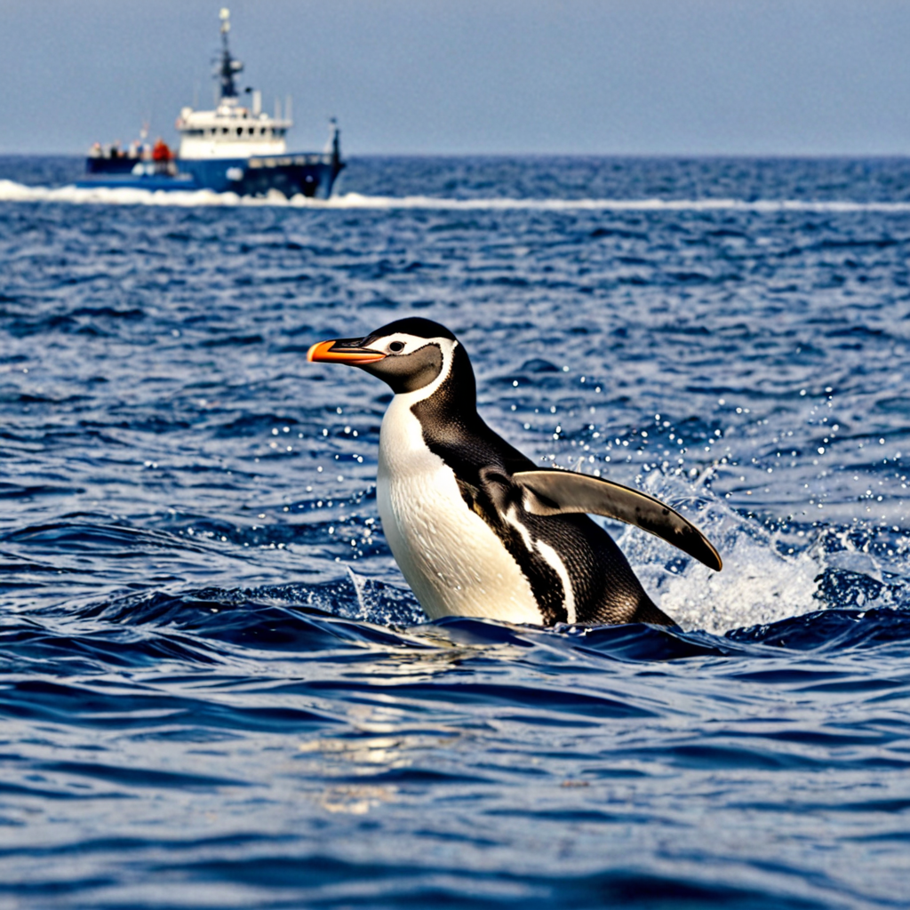 navio voador com pinguins pilotando