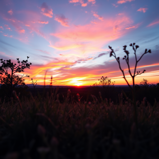 Create a high-resolution image of a scenic landscape during sunset, using a DSLR camera with a 50mm lens, aperture set to f/8, ISO 100, 1/200s shutter speed, shot from a low angle to capture foreground and depth, with vibrant colors and enhanced detail in the sky and vegetation.