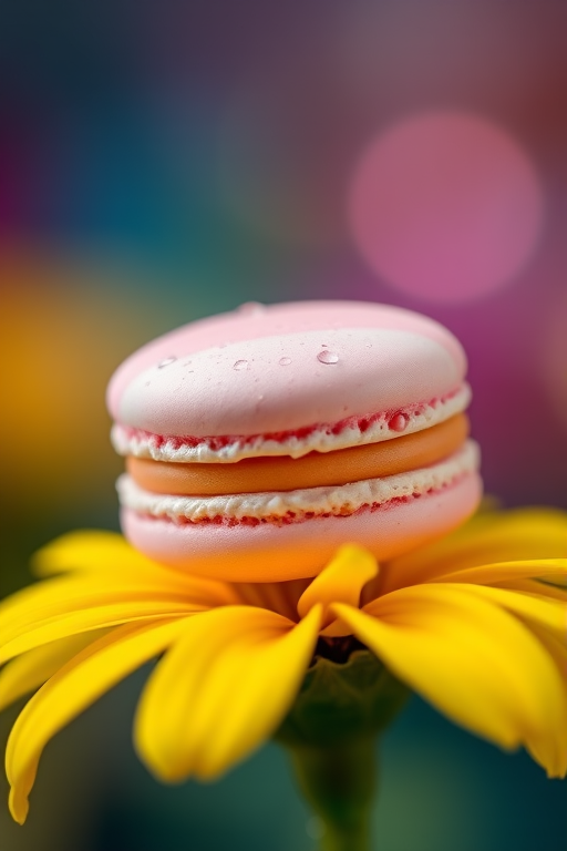 Capture a macro photograph of a pink and white macaron sitting on a vibrant yellow flower, with droplets of water on its surface against a softly blurred colorful bokeh background, using a DSLR camera with a 100mm macro lens, f/2.8 aperture, ISO 100, and a shutter speed of 1/125 seconds.