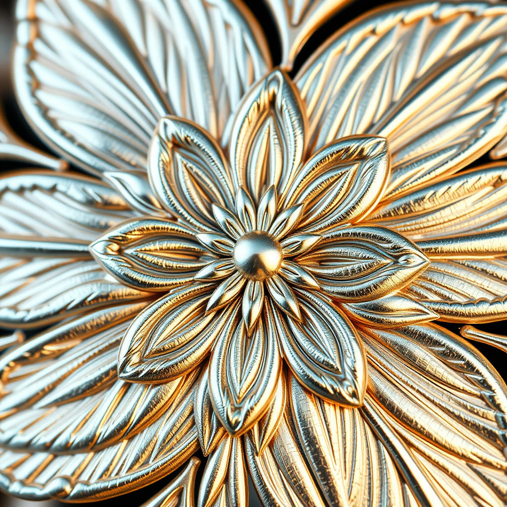 Create a high-resolution image of an intricate floral pattern with a metallic texture, shot with a DSLR camera at ISO 100, aperture f/8, shutter speed 1/60 sec, using a macro lens for close-up detail, with soft natural lighting to enhance depth and contrast.