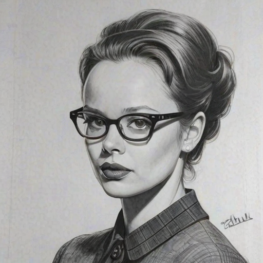 Beauteous Thora Birch, pencil sketch, portrait of Bewitching woman 1957s in glasses, hair style beatnik, outline, clear lines, fine lines, 8k