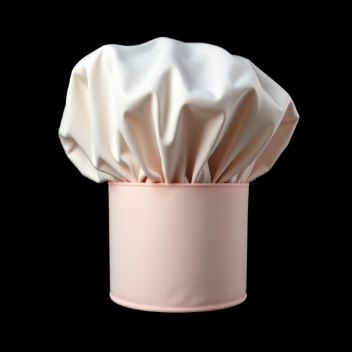 Create a high-resolution image of a chef's hat with a glossy finish and vibrant color on a black background, using a DSLR camera with a 50mm lens, aperture set to f/2.8, ISO 100, and a softbox lighting setup.