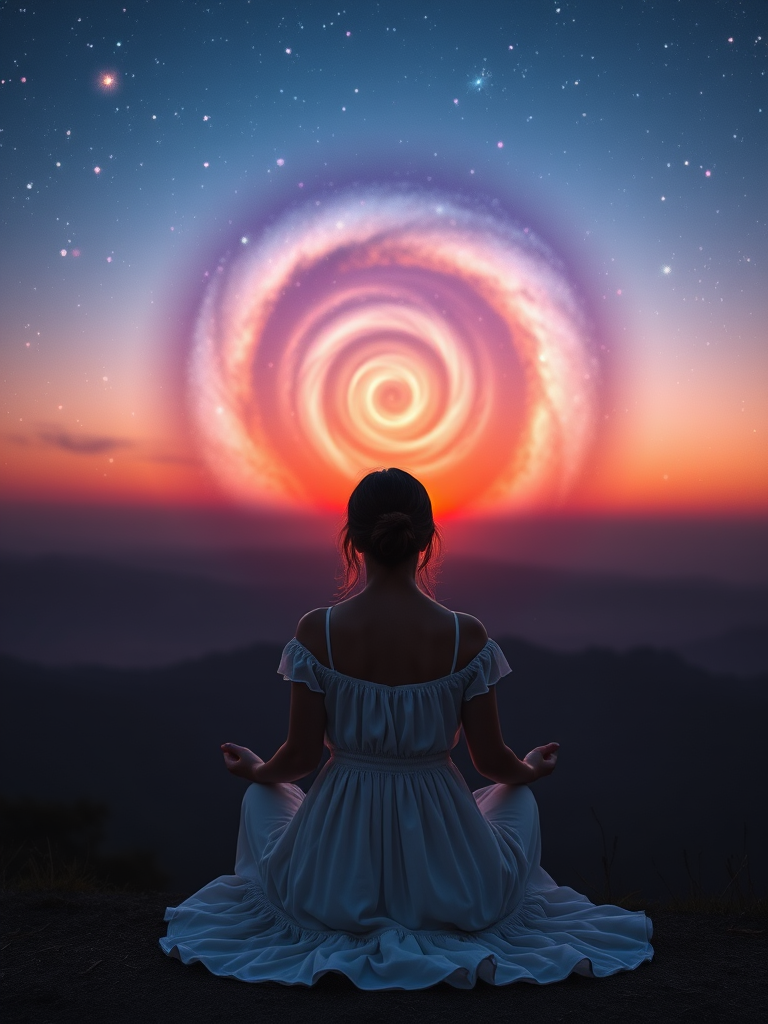 A silhouette of a woman in a white dress meditating on a hill, facing a glowing spiral galaxy at sunset, with vibrant colors in the sky, DSLR camera settings: ISO 100, f/2.8, 50mm lens, shot at twilight, using a wide-angle view for enhanced depth.