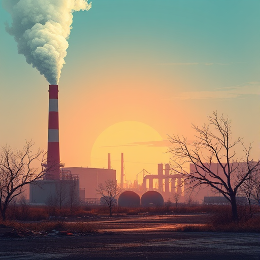create a digital illustration of an industrial landscape showcasing pollution effects with a focus on a smokestack emitting smoke, barren trees, and waste materials, using vibrant colors and clear details, 50mm lens, f/8 aperture, ISO 200, slight vignette for mood enhancement, shot with a high-resolution DSLR camera