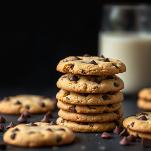 close-up shot of a stack of chocolate chip cookies on a black background, shallow depth of field, ISO 200, f/2.8 aperture, 50mm lens, natural light, DSLR camera