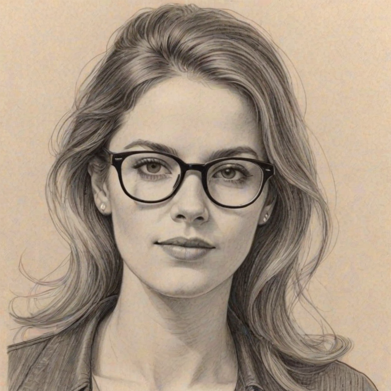 Captivating Nessa Barrett, pencil sketch, portrait of Charming woman 1974s in glasses, hair style beatnik, outline, clear lines, fine lines, 8k