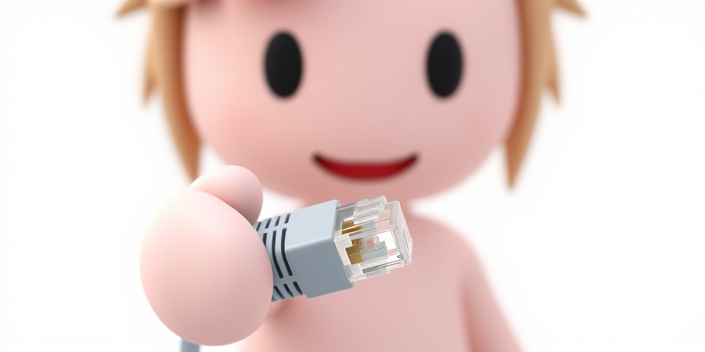 3D character holding an Ethernet cable on a white background, soft lighting, low ISO 100, aperture f/4, shutter speed 1/200, shot with a DSLR camera, wide angle view, shallow depth of field.