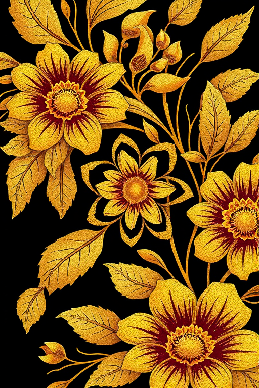 Create a vibrant floral design with intricate detailing in a gold color palette on a solid black background, shot with a DSLR camera at f/2.8, with a focal length of 50mm, using a macro lens to enhance texture and depth.