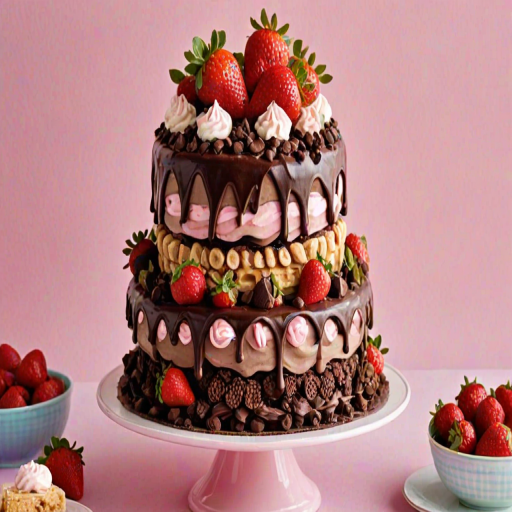Create a colorful three-tiered cake with layers of chocolate, strawberry, and cream. The top layer should be adorned with strawberries and waffle cones, the middle layer with pink frosting and chocolate pieces, and the bottom layer covered in rich chocolate ganache and chocolate chips. Include fresh strawberries around the base and a festive background.