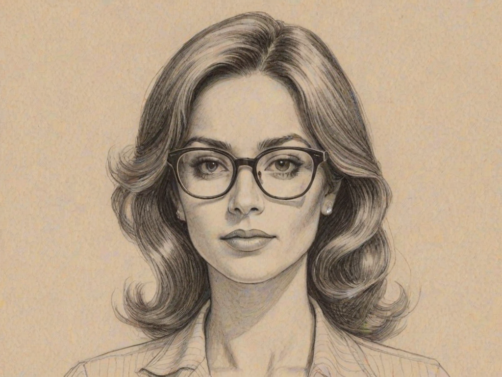 Splendid Erica Cerra, pencil sketch, portrait of Magnificent woman 1970s in glasses, hair style beatnik, outline, clear lines, fine lines, 8k