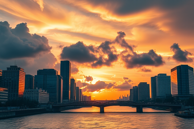 Generate a sunset cityscape over a river with dramatic clouds, featuring modern skyscrapers and a bridge, taken with a DSLR camera at f/8, ISO 100, 1/125s, 24mm lens, in landscape orientation, using a wide-angle view for depth and clarity.