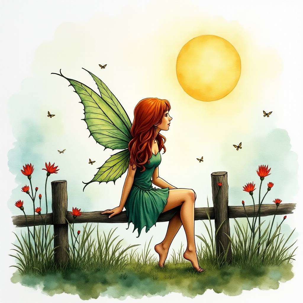 create an image of a fairy from behind sitting on a  fence watercolour and alcohol inks