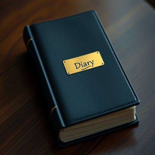 create an image of a closed diary with a gold label reading "Diary" on the cover, using a Canon EOS R5 camera, 50mm lens, f/2.8 aperture, ISO 100, shot from a 45-degree angle with soft natural lighting to enhance image quality.