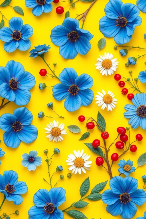 Create a vibrant floral pattern on a bright yellow background featuring various blue flowers, white daisies, red berries, and leafy branches, captured with a DSLR camera at f/5.6, ISO 100, 50mm lens, soft focus style.