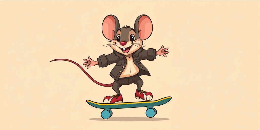 Create an illustration of a cartoon mouse skateboarding, wearing a stylish jacket, with a playful expression, set against a solid light beige background, captured with a DSLR camera at f/4, ISO 100, 50mm lens, shot from a low angle to emphasize motion and excitement.