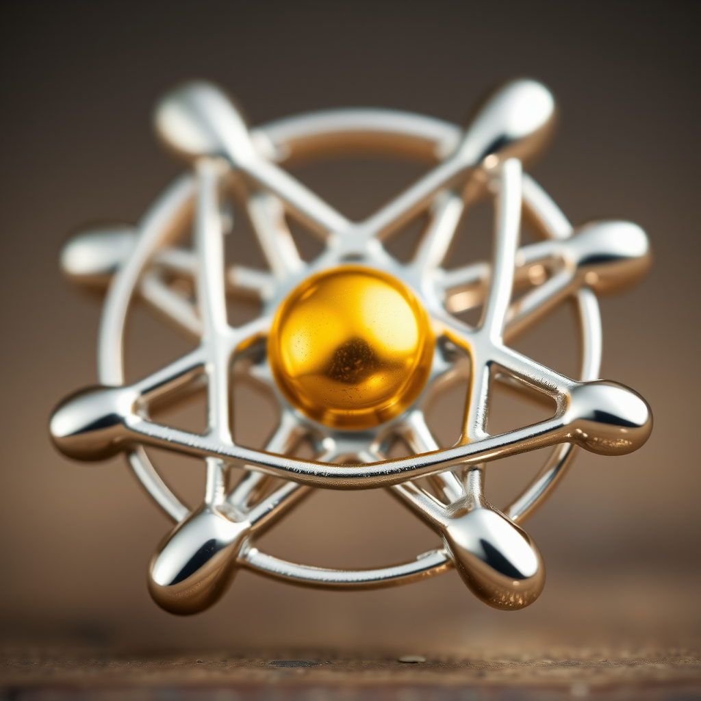Create a high-resolution image of an atomic symbol with a sleek metallic finish, using a macro lens at f/2.8, 1/200s shutter speed, ISO 100, and a soft-focus background.